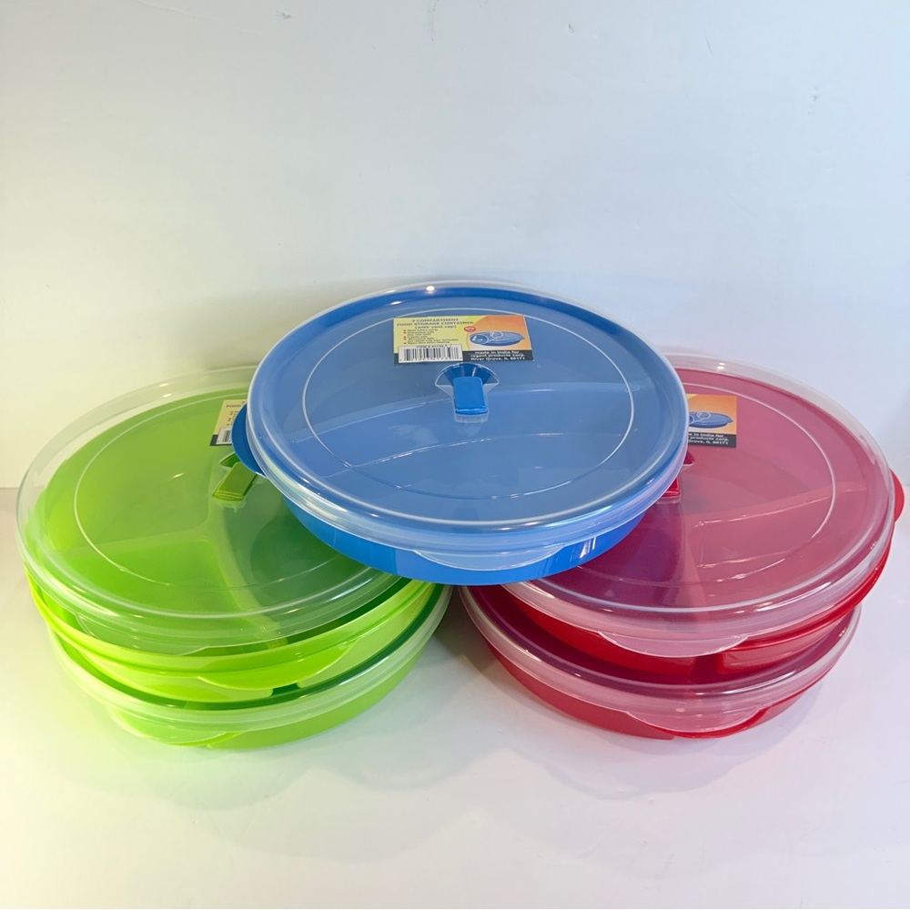 🆕 Set of 5 Round 3 Compartment Food Storage Containers 10.5” BPA Free